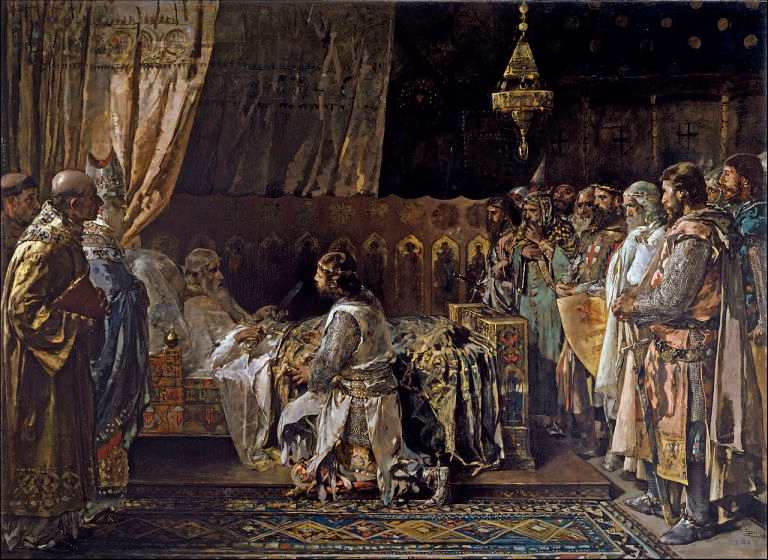 Jaime I de Aragón entregando su espada a su hijo don Pedro, pintura de Ignacio Pinazo Camarlench